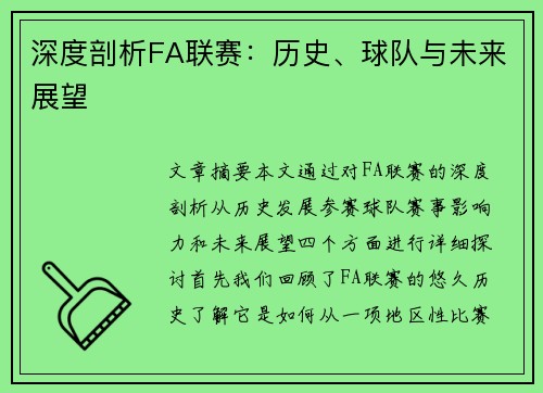 深度剖析FA联赛：历史、球队与未来展望