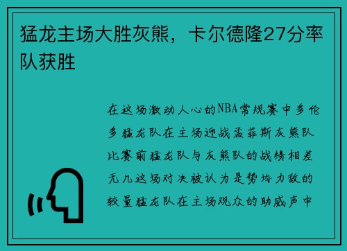 猛龙主场大胜灰熊，卡尔德隆27分率队获胜